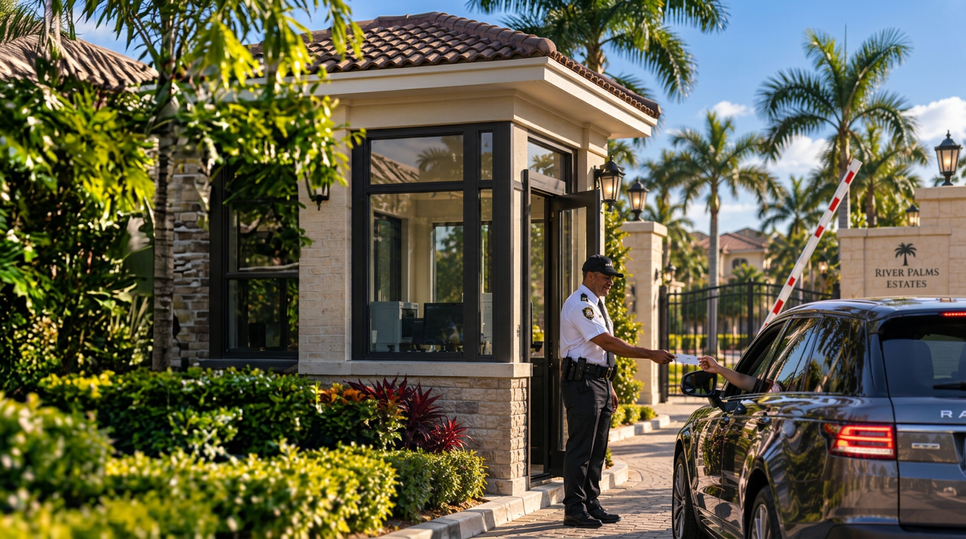 A staffed gatehouse serving a gated community