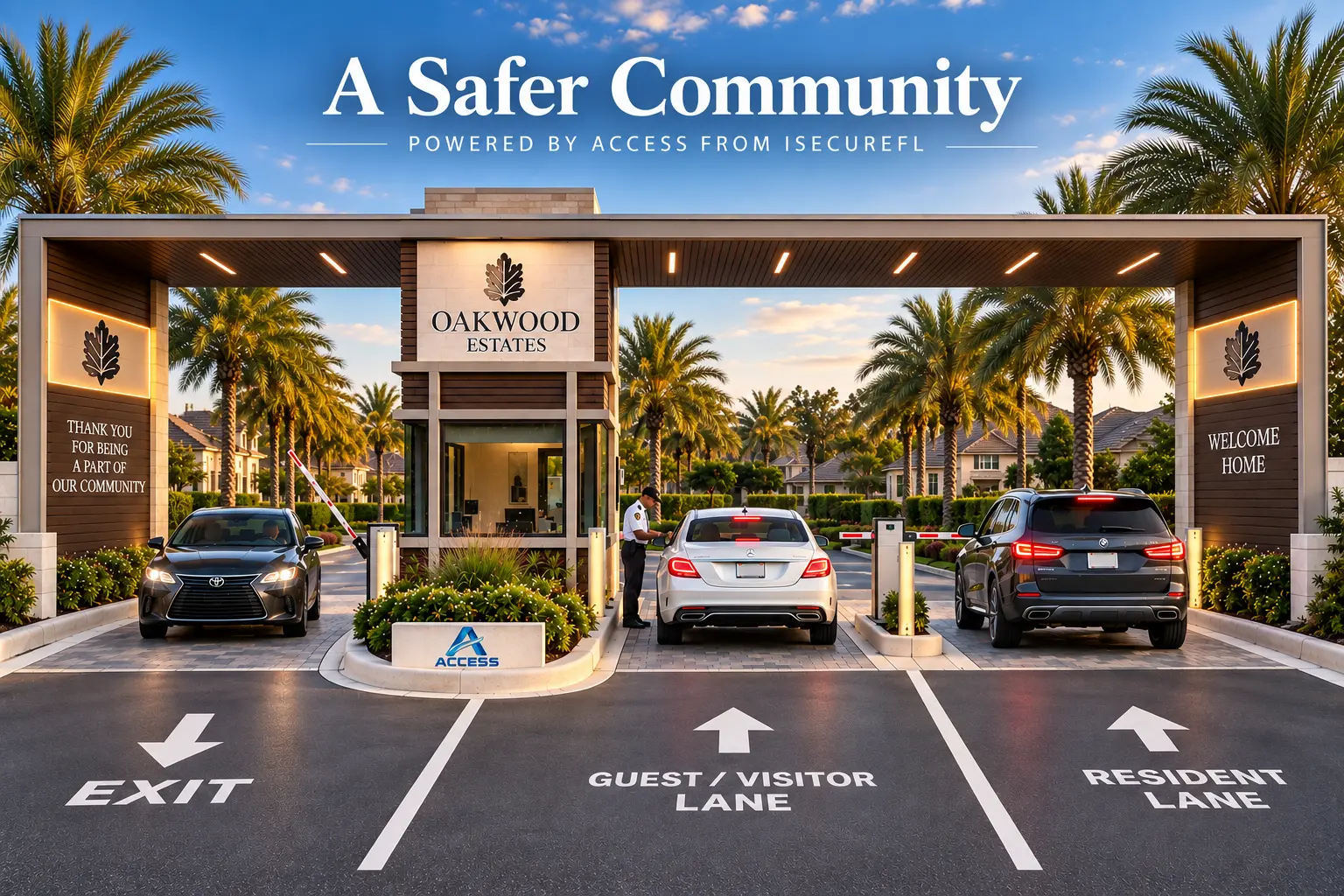 Three-lane gated community entrance with an exit lane, staffed guest lane, and resident lane